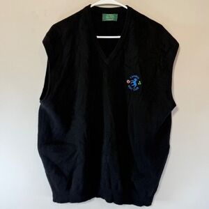 Peter Scott Black Sweater Vest Men's Sz 48 100% Lambs wool Lahinch Golf Club SEE